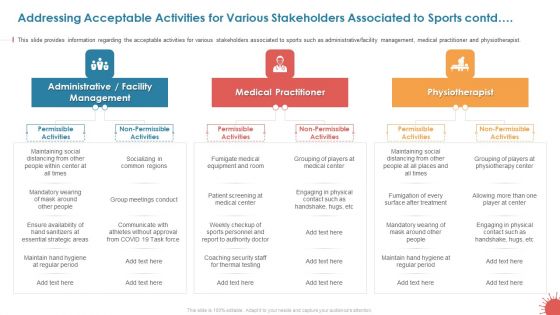 Addressing Acceptable Activities For Various Stakeholders Associated To Sports Contd Mockup PDF