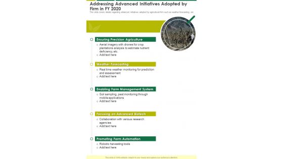 Addressing Advanced Initiatives Adopted By Firm In FY 2020 One Pager Documents