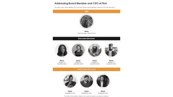 Addressing Board Member And CEO Of Firm One Pager Documents Addressing Board Member And CEO Of Firm One Pager Documents