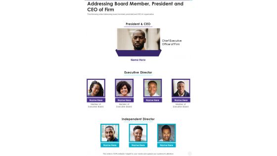 Addressing Board Member President And CEO Of Firm One Pager Documents