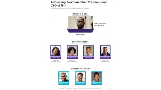 Addressing Board Member President And CEO Of Firm One Pager Documents Addressing Board Member President And CEO Of Firm One Pager Documents