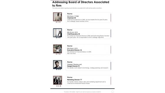 Addressing Board Of Directors Associated To Firm One Pager Documents Addressing Board Of Directors Associated To Firm One Pager Documents
