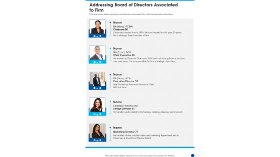 Addressing Board Of Directors Associated To Firm Template 152 One Pager Documents Addressing Board Of Directors Associated To Firm Template 152 One Pager Documents