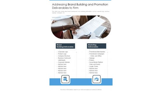 Addressing Brand Building And Promotion Deliverables To Firm One Pager Sample Example Document