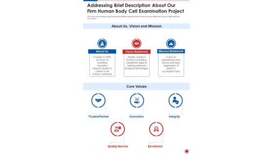 Addressing Brief Description About Our Firm Human Body Cell Examination Project One Pager Sample Example Document Addressing Brief Description About Our Firm Human Body Cell Examination Project One Pager Sample Example Document