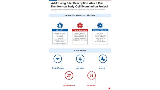 Addressing Brief Description About Our Firm Human Body Cell Examination Project One Pager Sample Example Document