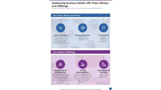 Addressing Business Details With Vision Mission And Offerings One Pager Documents