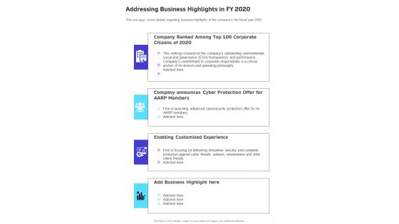 Addressing Business Highlights In FY 2020 One Pager Documents