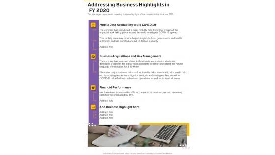 Addressing Business Highlights In FY 2020 Template 23 One Pager Documents Addressing Business Highlights In FY 2020 Template 23 One Pager Documents