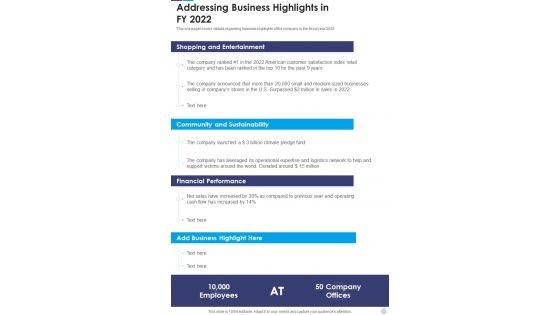 Addressing Business Highlights In FY 2022 Template 184 One Pager Documents Addressing Business Highlights In FY 2022 Template 184 One Pager Documents