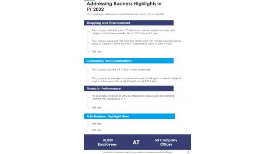 Addressing Business Highlights In FY 2022 Template 184 One Pager Documents