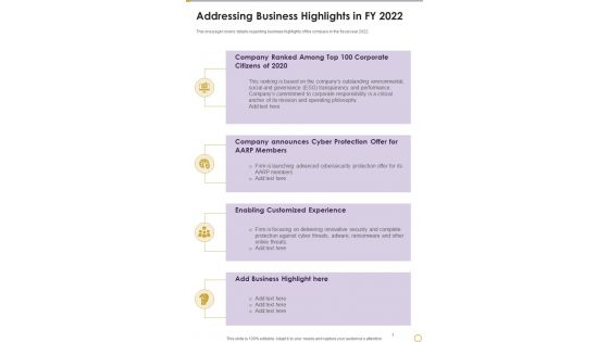 Addressing Business Highlights In FY 2022 Template 246 One Pager Documents