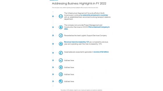 Addressing Business Highlights In FY 2022 Template 296 One Pager Documents