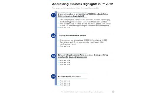 Addressing Business Highlights In FY 2022 Template 351 One Pager Documents