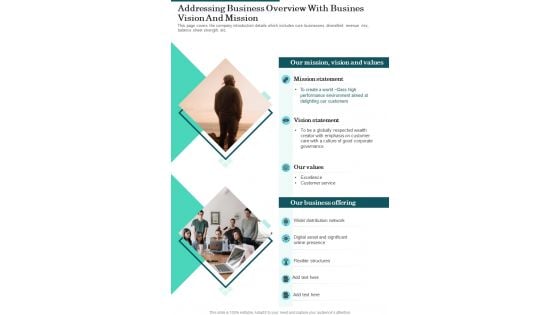 Addressing Business Overview With Busines Vision And Mission One Pager Documents Addressing Business Overview With Busines Vision And Mission One Pager Documents
