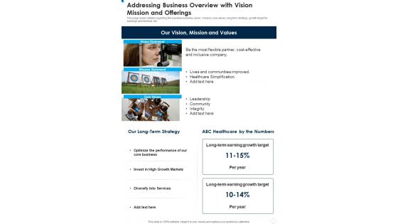 Addressing Business Overview With Vision Mission And Offerings Template 204 One Pager Documents Addressing Business Overview With Vision Mission And Offerings Template 204 One Pager Documents