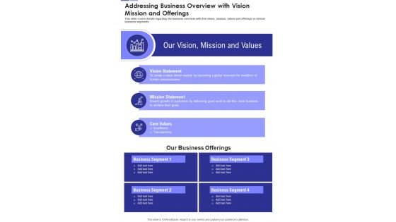 Addressing Business Overview With Vision Mission And Offerings Template 217 One Pager Documents