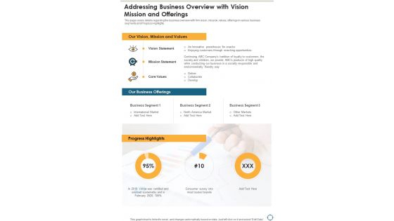 Addressing Business Overview With Vision Mission And Offerings Template 329 One Pager Documents