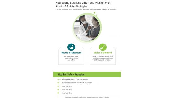 Addressing Business Vision And Mission With Health And Safety Strategies One Pager Documents Addressing Business Vision And Mission With Health And Safety Strategies One Pager Documents