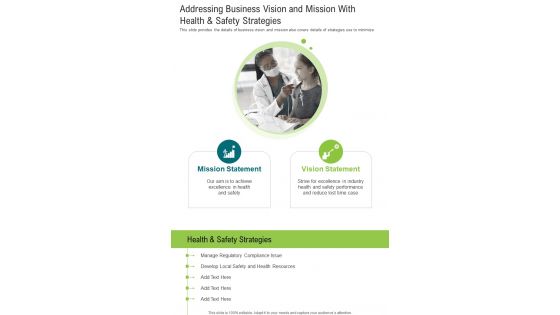 Addressing Business Vision And Mission With Health And Safety Strategies One Pager Documents