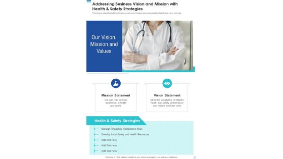 Addressing Business Vision And Mission With Health And Safety Strategies Template 237 One Pager Documents Addressing Business Vision And Mission With Health And Safety Strategies Template 237 One Pager Documents