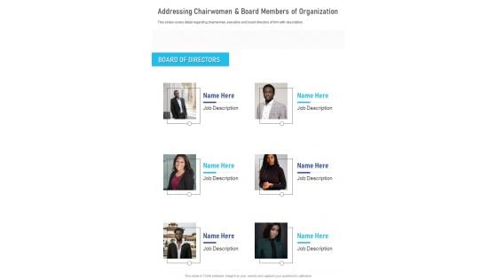 Addressing Chairwomen And Board Members Of Organization One Pager Documents Addressing Chairwomen And Board Members Of Organization One Pager Documents