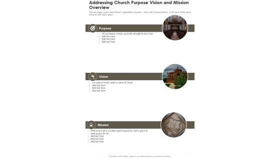 Addressing Church Purpose Vision And Mission Overview One Pager Documents