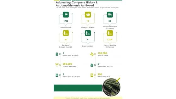 Addressing Company History And Accomplishments Achieved One Pager Documents Addressing Company History And Accomplishments Achieved One Pager Documents
