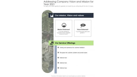 Addressing Company Vision And Mission For Year 2021 One Pager Documents