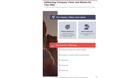 Addressing Company Vision And Mission For Year 2022 One Pager Documents