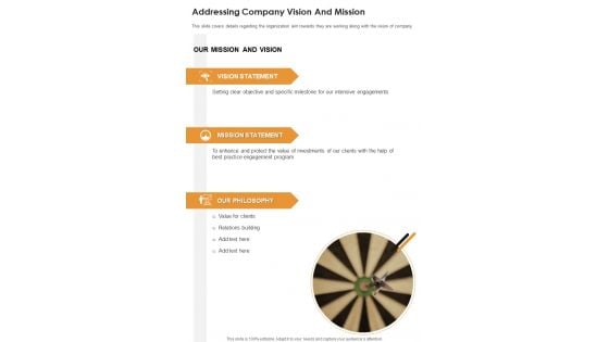 Addressing Company Vision And Mission One Pager Documents Addressing Company Vision And Mission One Pager Documents
