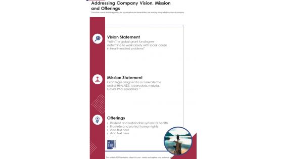Addressing Company Vision Mission And Offerings One Pager Documents