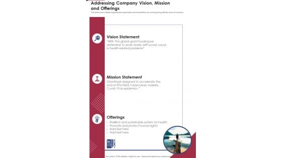 Addressing Company Vision Mission And Offerings One Pager Documents