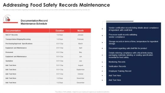 Addressing Food Safety Records Maintenance Application Of Quality Management For Food Processing Companies Slides PDF