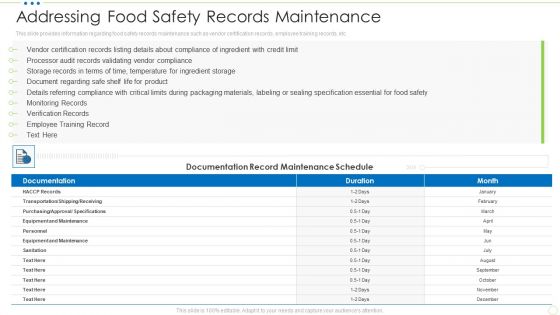 Addressing Food Safety Records Maintenance Food Security Excellence Ppt Portfolio Layout PDF