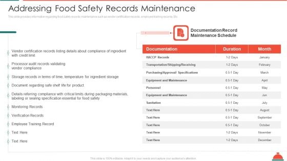 Addressing Food Safety Records Maintenance Increased Superiority For Food Products Themes PDF