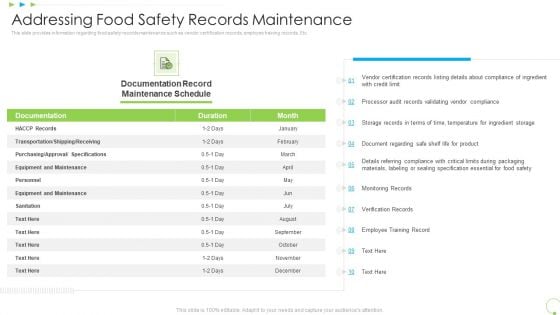 Addressing Food Safety Records Maintenance Uplift Food Production Company Quality Standards Mockup PDF