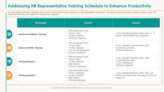 Addressing HR Representative Training Schedule To Enhance Productivity Graphics PDF