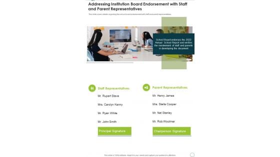 Addressing Institution Board Endorsement With Staff And Parent Representatives One Pager Documents Addressing Institution Board Endorsement With Staff And Parent Representatives One Pager Documents
