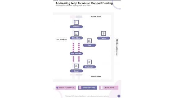 Addressing Map For Music Concert Funding One Pager Sample Example Document