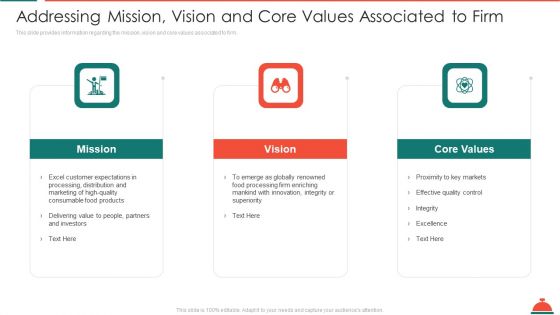 Addressing Mission Vision And Core Values Associated To Firm Increased Superiority For Food Products Professional PDF