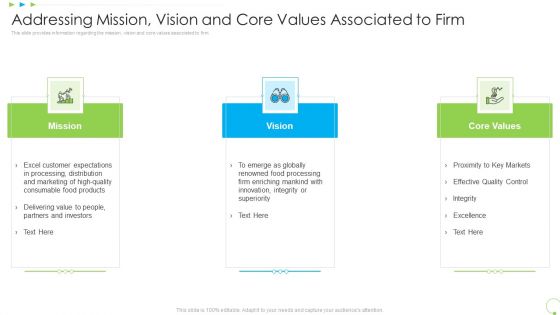 Addressing Mission Vision And Core Values Associated To Firm Uplift Food Production Company Quality Standards Graphics PDF Addressing Mission Vision And Core Values Associated To Firm Uplift Food Production Company Quality Standards Graphics PDF
