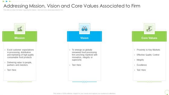 Addressing Mission Vision And Core Values Associated To Firm Uplift Food Production Company Quality Standards Graphics PDF