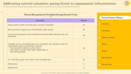 Addressing Natural Calamities Posing Threat To Organization Infrastructure Brochure PDF