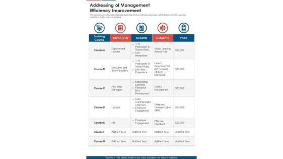 Addressing Of Management Efficiency Improvement One Pager Sample Example Document