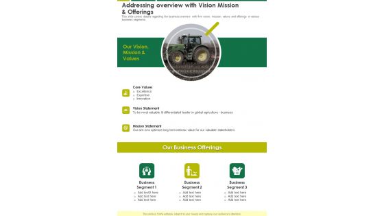 Addressing Overview With Vision Mission And Offerings One Pager Documents Addressing Overview With Vision Mission And Offerings One Pager Documents