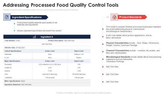 Addressing Processed Food Quality Control Tools Application Of Quality Management For Food Processing Companies Elements PDF