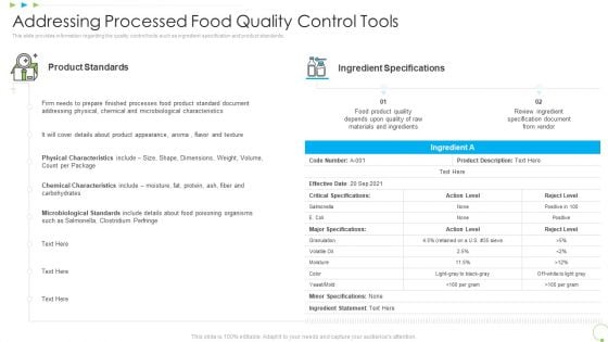 Addressing Processed Food Quality Control Tools Uplift Food Production Company Quality Standards Inspiration PDF