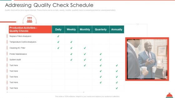 Addressing Quality Check Schedule Increased Superiority For Food Products Themes PDF