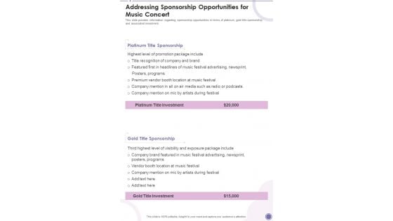 Addressing Sponsorship Opportunities For Music Concert One Pager Sample Example Document